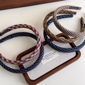 Set of 5 vintage plaid sponge headbands in various colors with a handmade inner label
