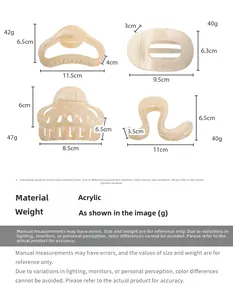 Size guide for four translucent acrylic hair claws showing dimensions and weights