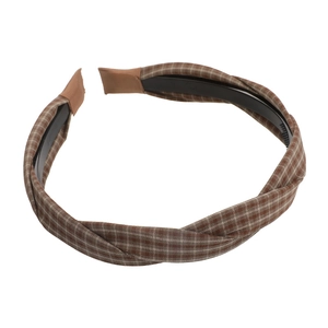 Vintage brown plaid fabric headband with non-slip teeth for elegant hair styling
