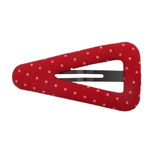 Sweet red fabric triangle hair clip with white polka dots and secure metal snap closure