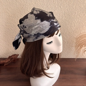 Detail showing the silver metallic texture and tie-dye pattern on y2k style headscarf