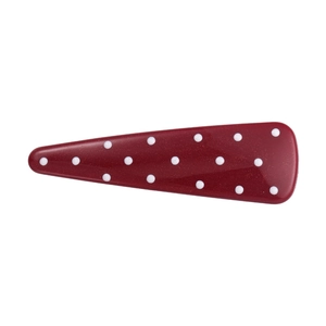 Deep red hair snap clip with white polka dots and metallic shimmer on white background