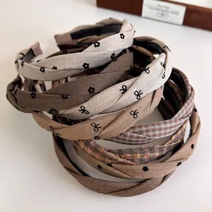 Vintage Plaid Polka Dot Floral Knot Headband For Women Retro Fabric Twist Hairband With Anti-slip Teeth Hair Accessories