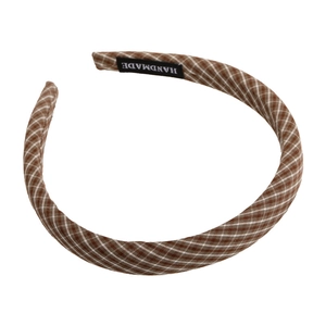 Vintage brown plaid sponge headband with a handmade label for a preppy high-top look