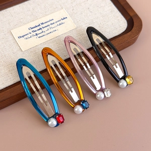 Set of four minimalist BB hair clips with colorful rhinestones and faux pearls for women