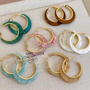Vintage C-Shaped Hoop Earrings For Women French Style Gold Alloy Acetate Marble Tortoise Shell Texture Geometric Round Earring Jewelry