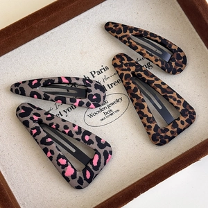Leopard print fabric hair clips set featuring triangular and teardrop BB clip designs