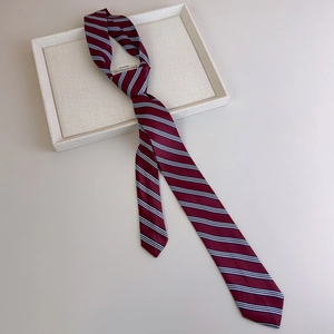 Detail of college style striped necktie with wine red and navy diagonal weave texture