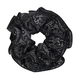 Elegant black and white paisley print fabric scrunchie with vintage floral patterns