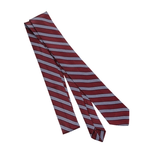 Elegant wine red striped tie with diagonal navy and white patterns on a white background