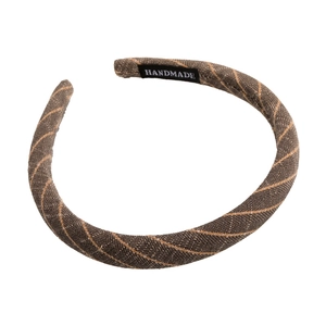 Classic pinstripe fabric headband in brown and grey with handmade label detail