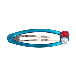 Minimalist blue metallic BB hair clip with red rectangular gem and white round pearl