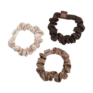 Set of 3 dopamine-style satin scrunchies in cream beige, dark coffee, and grey brown colors