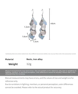 Detail view of blue gradient petal earrings with dimensions and silver hammered metal discs