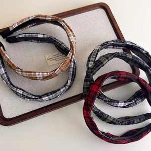 Serre-tête Écossais Style Britannique Rétro en Tissu Nœud Torsadé Bandeau Cheveux Antidérapant Mode Femmes Bijoux