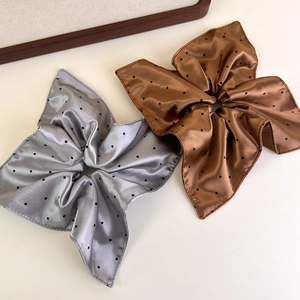 Polka dot satin scrunchies in silver and brown silk fabric for women hair styling