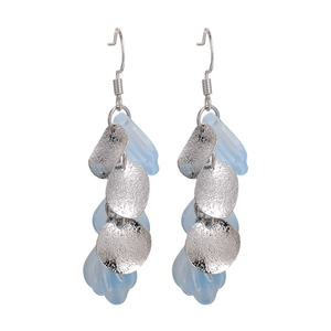 Elegant gradient blue petal earrings with silver textured discs and long hook design