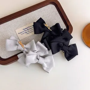 Handmade French Style Ribbon Bow Hair Clip For Women Grosgrain Fabric Love Metal Letter Spring Clip Elegant Hair Accessory