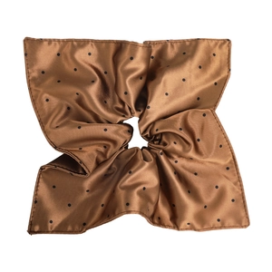 Elegant brown satin polka dot square hair scrunchie with retro pleated fabric texture
