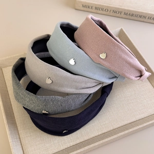 Set of 5 cotton knit wide headbands with silver heart charm in Morandi colors