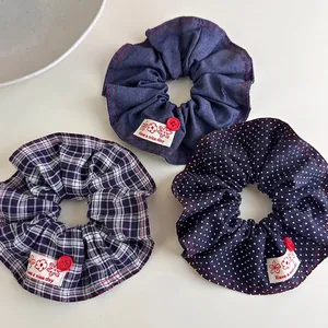 Vintage British Academy Style Denim Fabric Scrunchie With Red Button Label Plaid Polka Dot Hair Tie For Women Daily