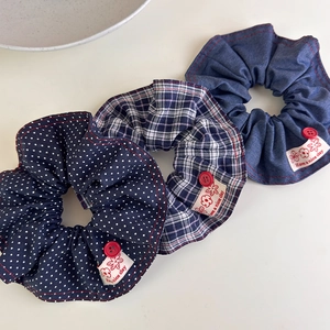 Retro plaid and polka dot denim hair scrunchies set with decorative buttons