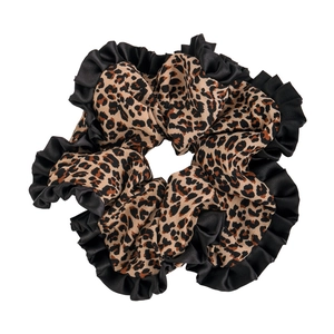 Retro leopard print satin scrunchie with black lace trim on a clean white background