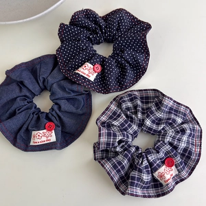 Vintage denim and plaid scrunchies set with red buttons and Have a Nice Day labels
