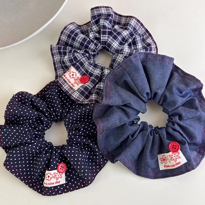 Vintage denim hair scrunchies set with red buttons and plaid patterns for women