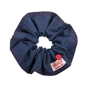 Blue denim scrunchie with red stitching, vintage button and Have a nice day label