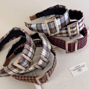 Vintage Plaid Wide Brim Headband For Women British Style Fabric Wrapped Hair Hoop With Square Resin Buckle Fashion Hair Accessories