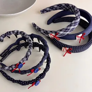 Retro British Style Plaid Headband Women Navy Blue Polka Dot Fabric Hair Band With Non-Slip Teeth Bow Handmade Hairware