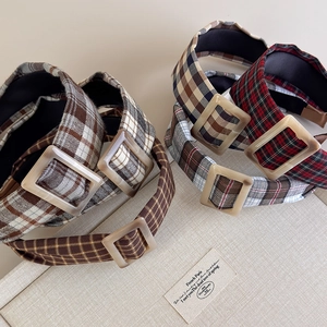 Vintage plaid headband set with square buckle for women in assorted retro colors
