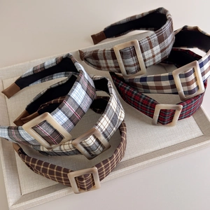 Vintage plaid headbands with acrylic buckles in assorted colors for a classic college style