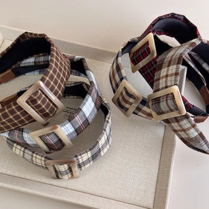 Vintage brown plaid wide headband set with amber square buckle in classic retro style