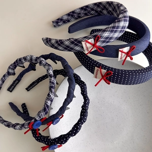 British style navy plaid headband set with red bows and button details for women