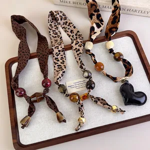 Retro Leopard Print Beaded Scarf Necklace Maillard Style Adjustable Satin Ribbon Choker Heart Pendant Handmade Jewelry For Women