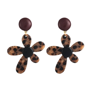 Detailed close-up of leopard print flower earrings with golden link and matte round stud