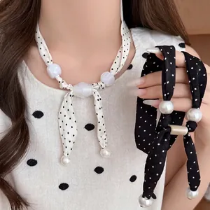 Collana a Sciarpa in Tessuto a Pois Con Künstliche Perle Elegante Girocollo Con Perline Per Donna Accessori Regolabili Retro Coreani