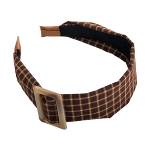 Vintage brown plaid headband with wide fabric band and stylish square buckle for women