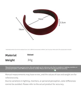 Detailed dimensions of the wine red velvet headband showing width and thickness