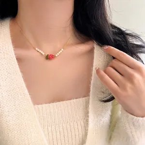 French Style Pink Rose Pendant Necklace Alloy Copper Gold Plated Chain White Faux Artificial Pearl Beaded 3D Flower Jewelry For Women