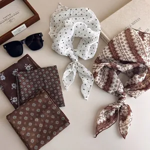 Maillard style brown polka dot and floral square scarf with French retro aesthetic
