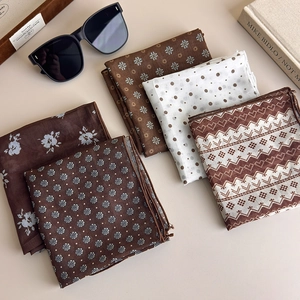 Brown polka dot and floral vintage square scarves set for hair or neck accessory