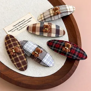5-pack cute plaid fabric BB hair clips featuring fuzzy brown bear charms for women