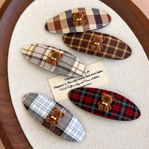 Cute Flocked Bear Plaid Fabric Hair Clip Oval Geometric Checkered Snap Hairpin Handmade Sweet Headwear Accessories For Women