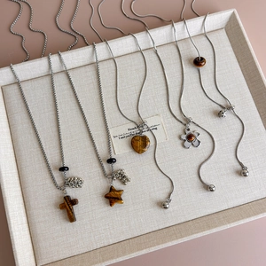 Vintage Tiger's Eye Stainless Steel Pendant Necklace Heart Flower Star Cross Adjustable Snake Chain Long Sweater Necklace Jewelry For Women