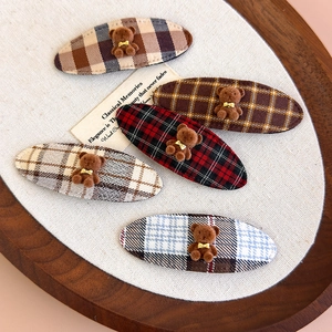 5-piece set of cute flocked bear hair clips with plaid fabric oval BB side slides