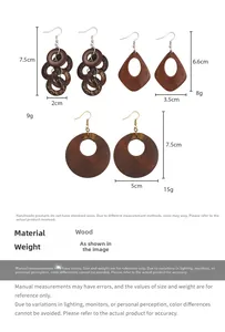 Detaillierte Größenangaben für Vintage-Holzohrringe im Boho-Stil in drei verschiedenen Designs
