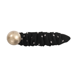 Chic black polka dot fabric hair clip with a large pearl bead accent in a sleek oval design